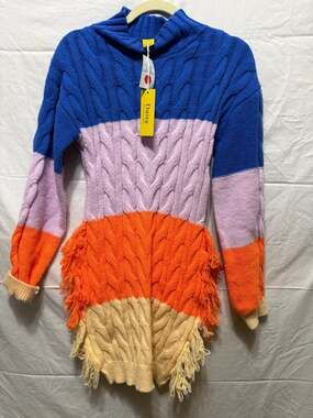 Daisy Colorblock Cable Knit Fringe Trim Turtleneck Sweater Dress